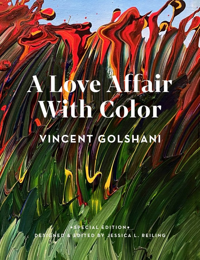 Cover of A Love Affair With Color: red brushstrokes over green