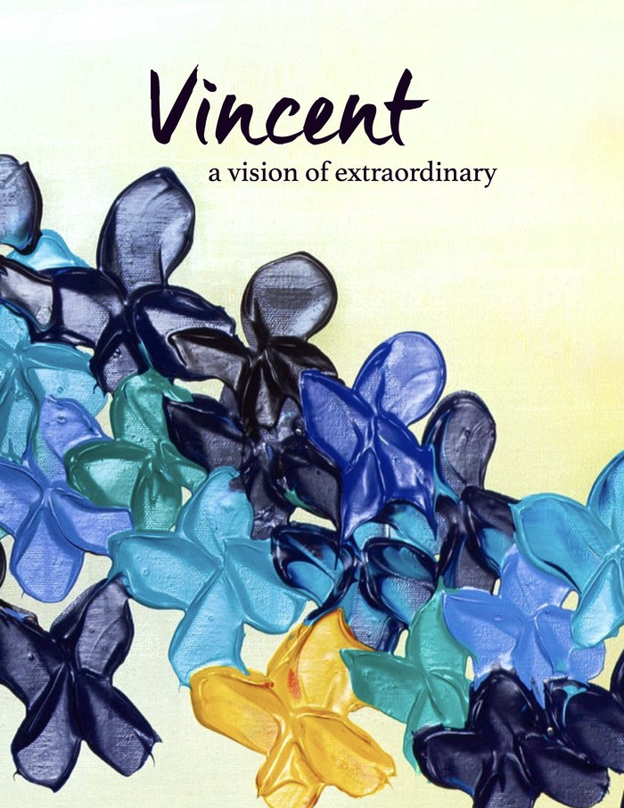 Cover of Vincent: a vision of extraordinary, 2019, with thick blue, teal and gold flowers