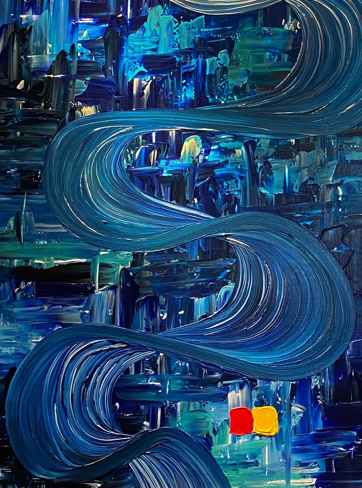 A deep blue painting by Vincent Golshani with sweeping, heavily textured strokes and two small squares of red and yellow