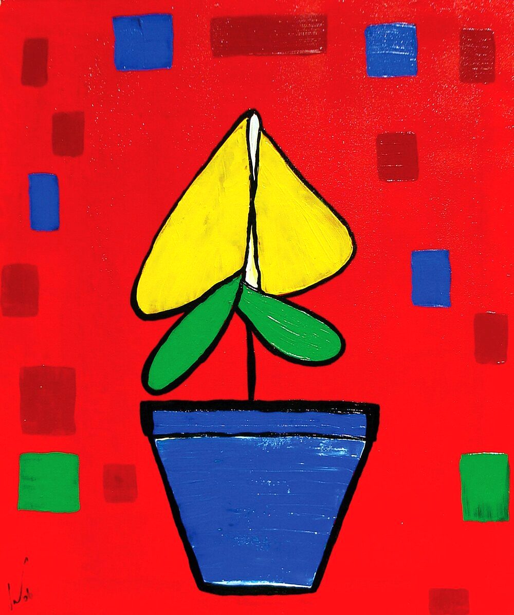Goldon, a painting by Vincent Golshani of a yellow and green flower in a blue pot on a red ground